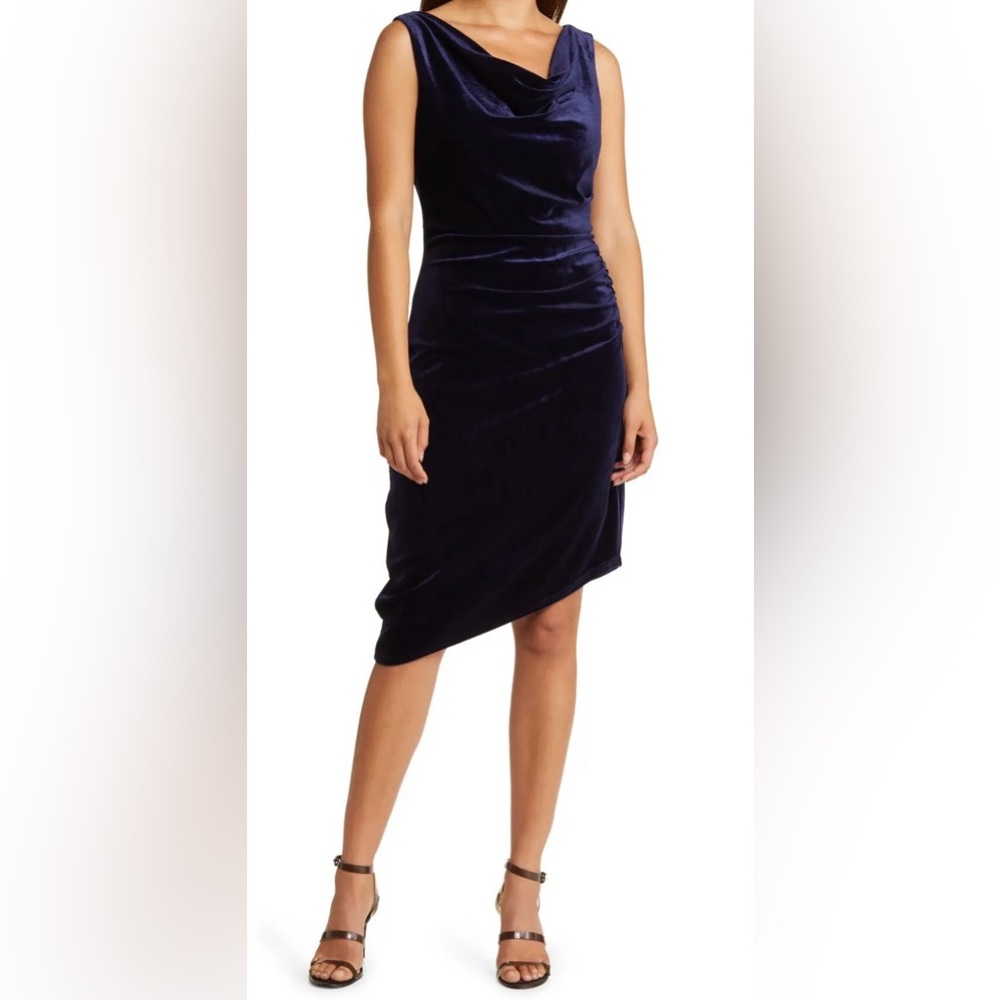 Sam Edelman Drape Neck Velvet Dress in Navy